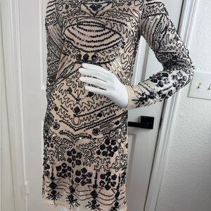 CHANG YUANRUIXIA black sequin mesh long sleeve contrast sexy top dress G1